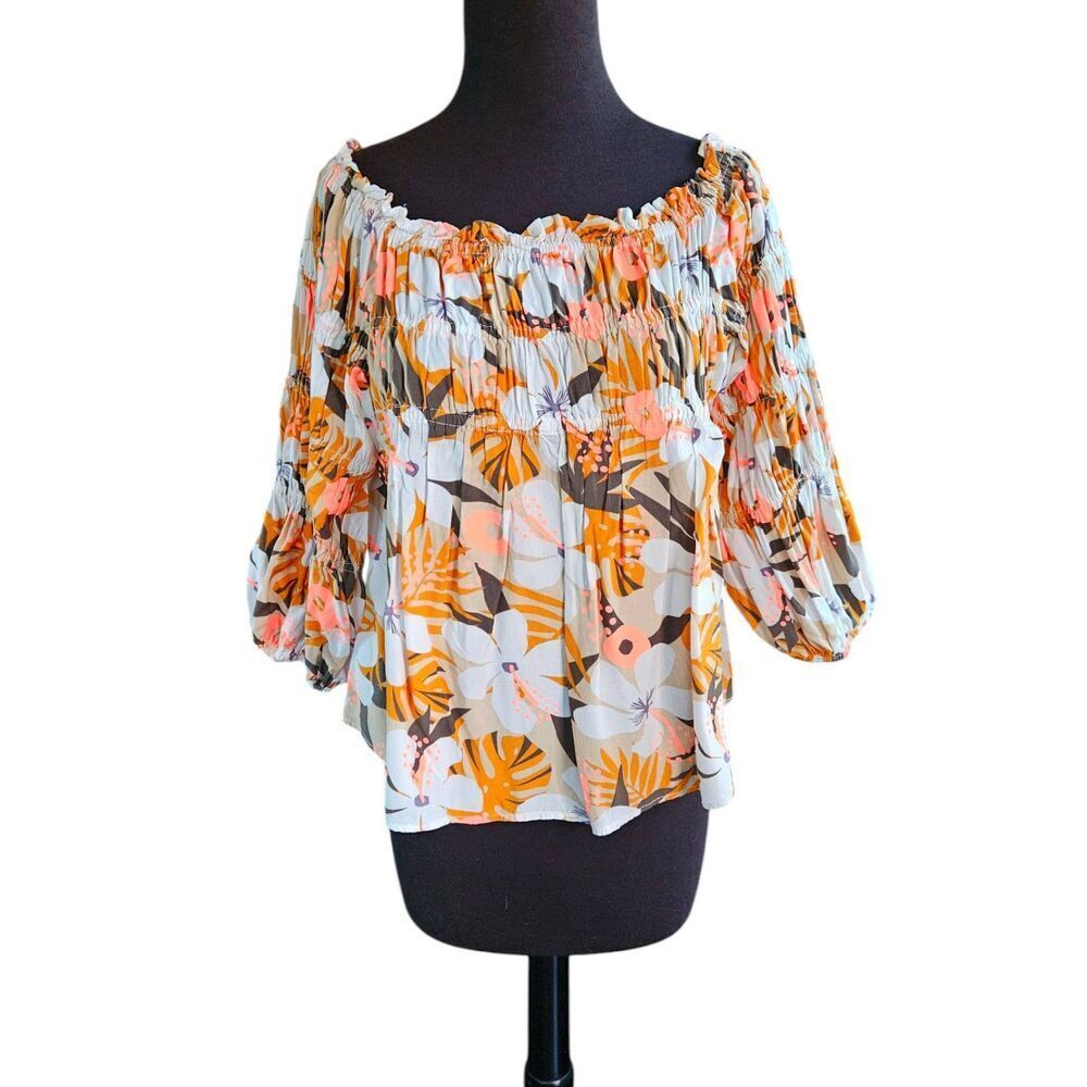 THML Rouched Bright Floral Off Shoulder Blouse M Boho Festival Virago Sleeve